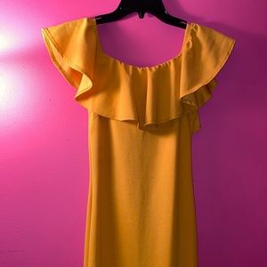 Mustard body con dress off the shoulders.